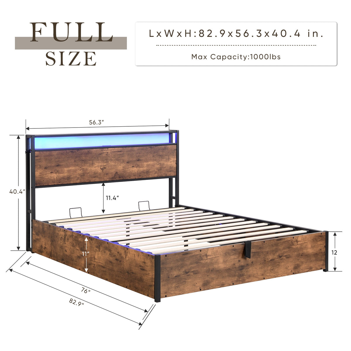 Full Size Storage Bed Frame with Bookshelf Headboard