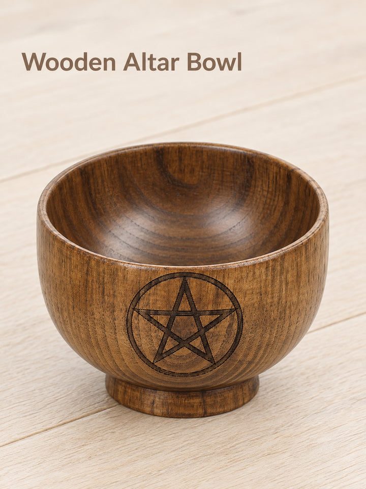 Engraved Wooden Pentagram Altar Bowl with Triple Moon
