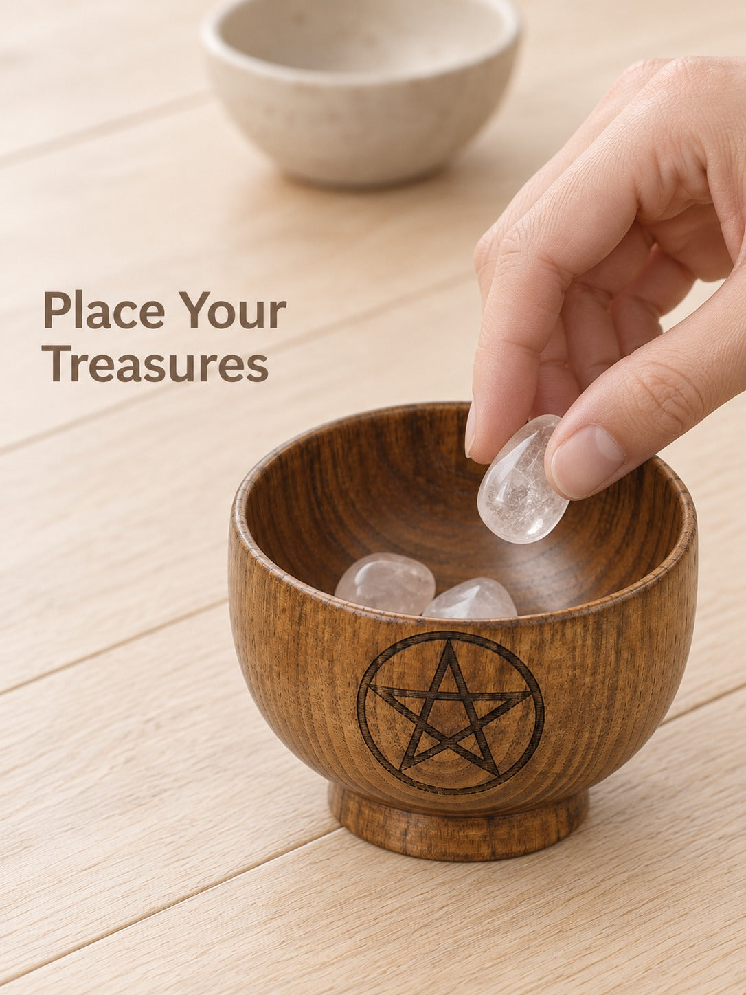 Engraved Wooden Pentagram Altar Bowl with Triple Moon