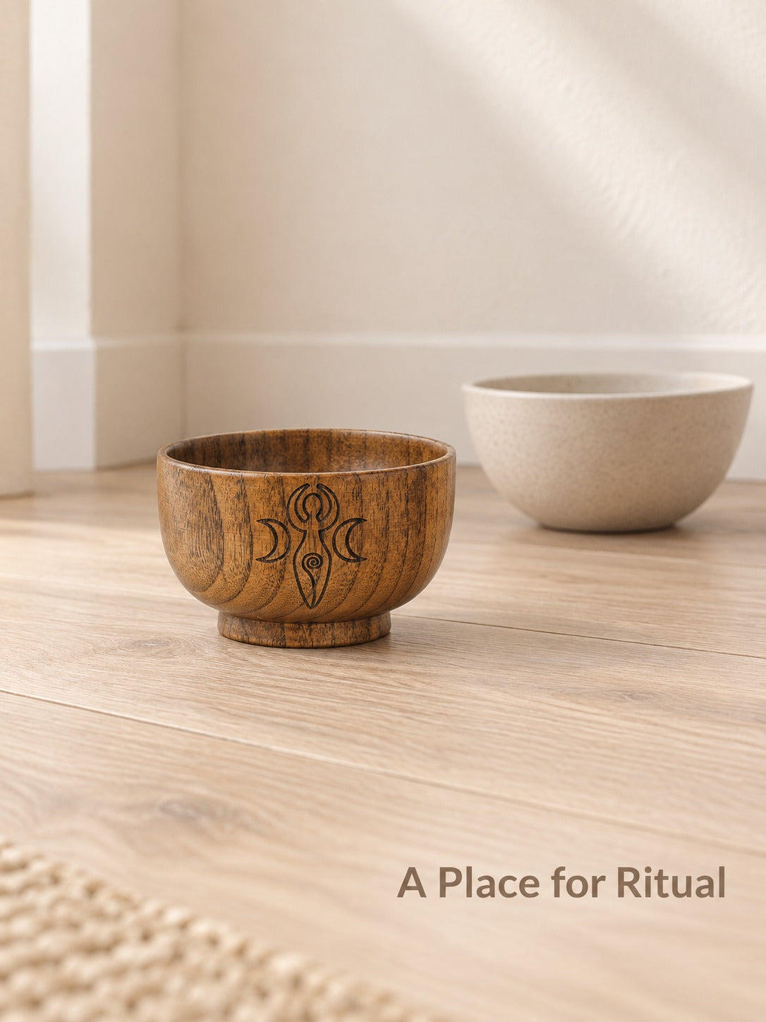 Engraved Wooden Pentagram Altar Bowl with Triple Moon