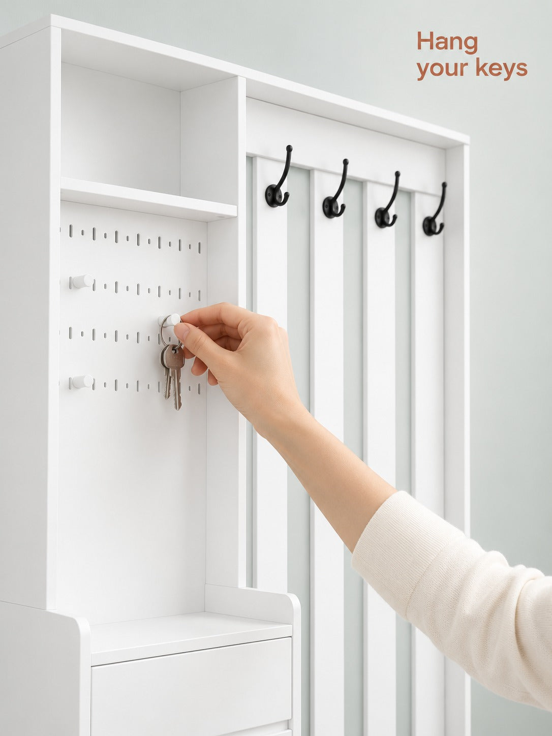 Entryway Shoe Cabinet Bench with Coat Hooks & Key Board