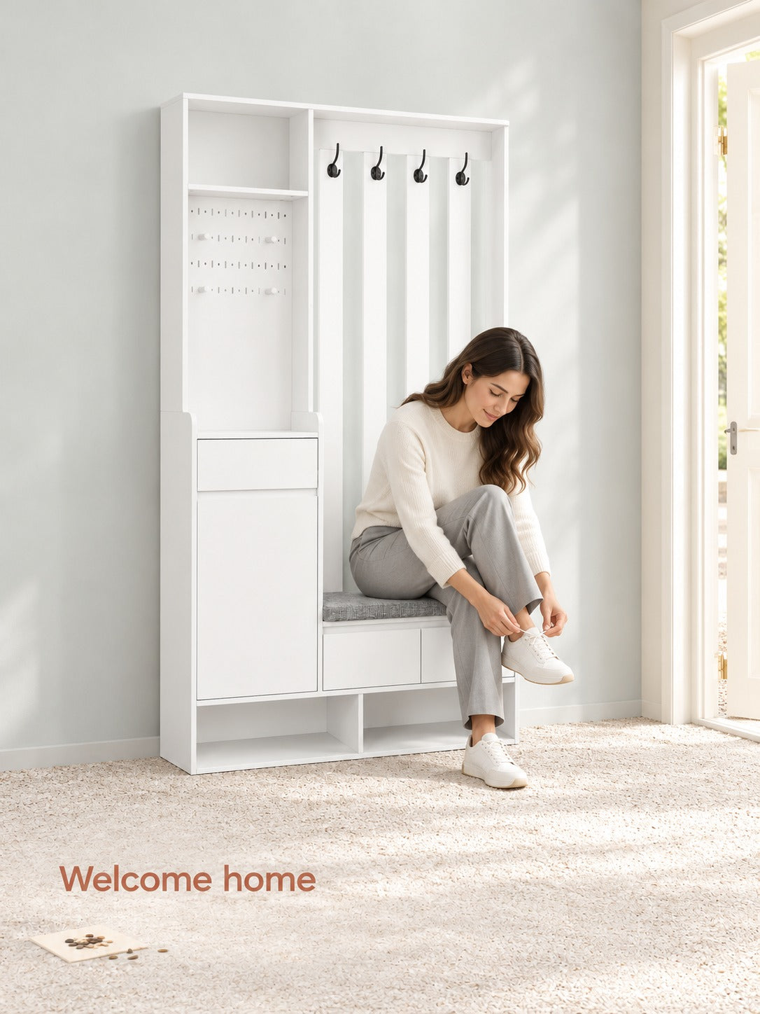 Entryway Shoe Cabinet Bench with Coat Hooks & Key Board