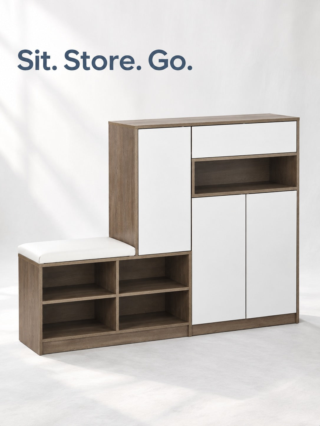 Entryway Shoe Cabinet with Cushioned Bench Seat, White