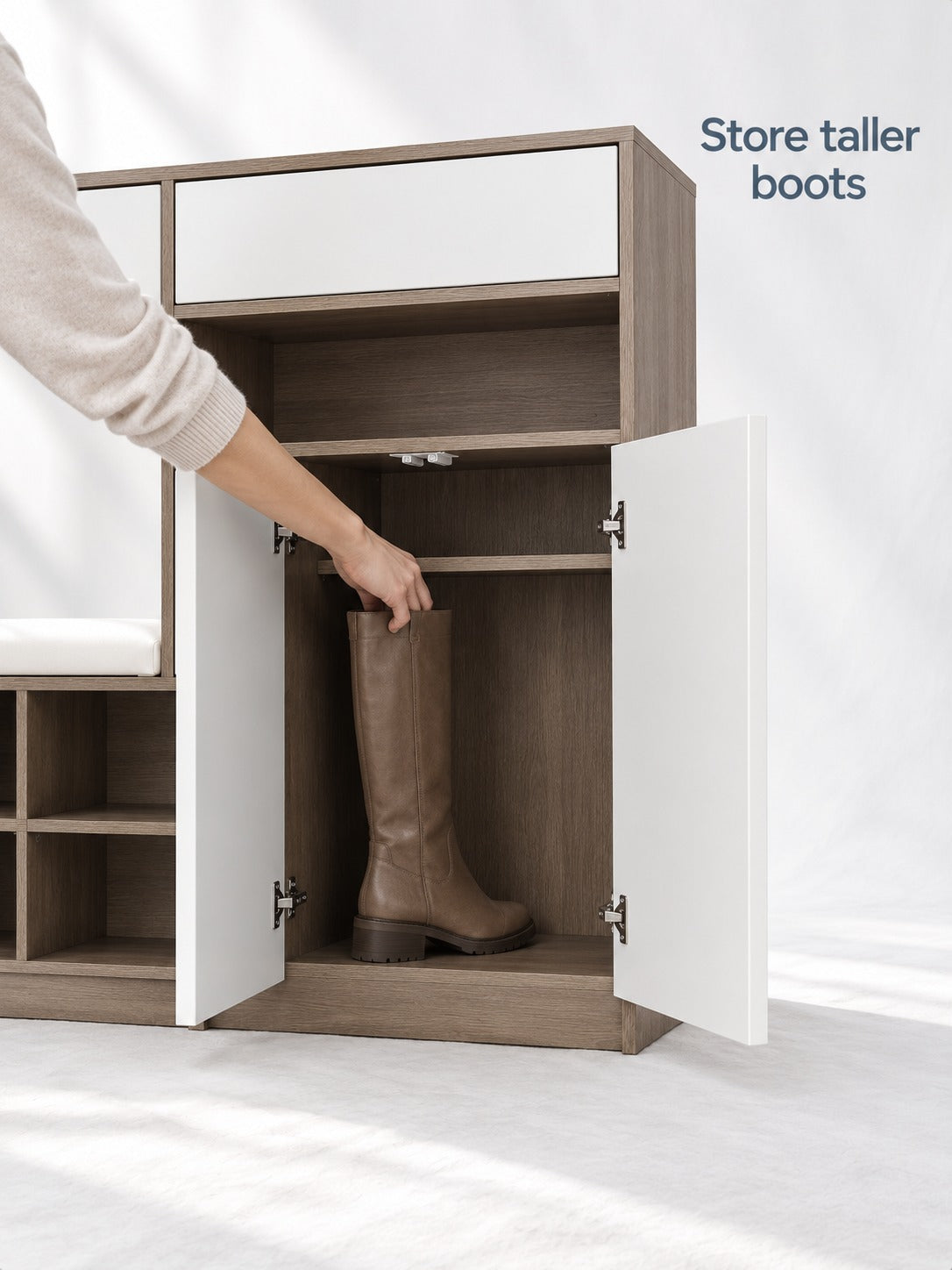 Entryway Shoe Cabinet with Cushioned Bench Seat, White