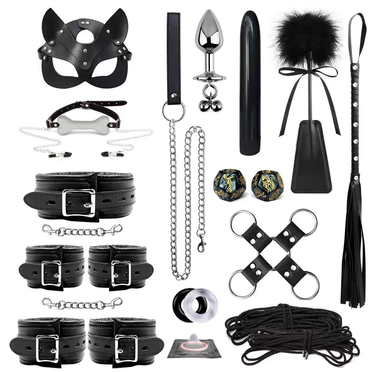 Leather Bondage Restraint Set With Sensory Accessories