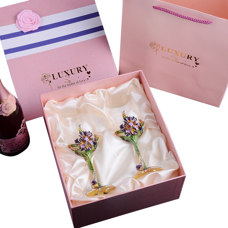 Enamel Crystal Wine Goblet Wedding Gift Set for Couples