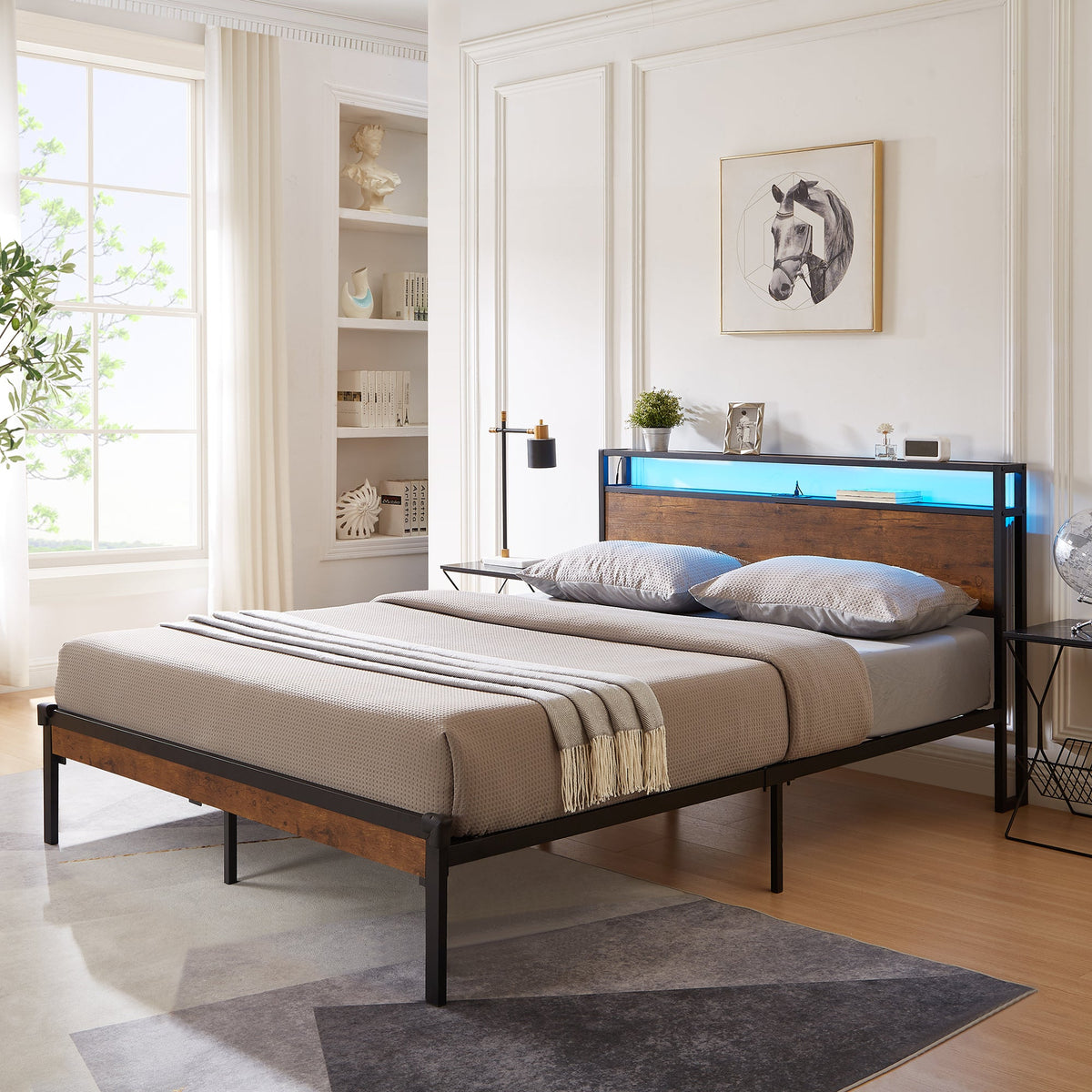 Metal Platform Bed Frame with LED Headboard and USB