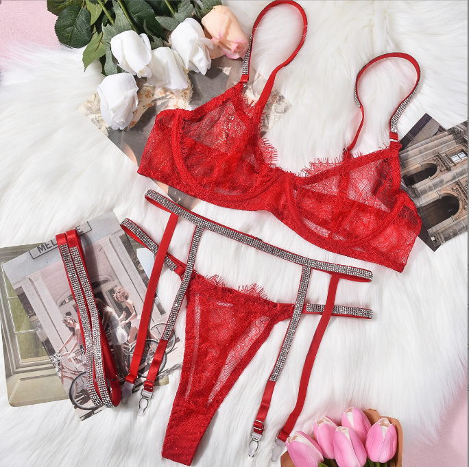 Sheer Lace Lingerie Set With Sparkling Garter Detail