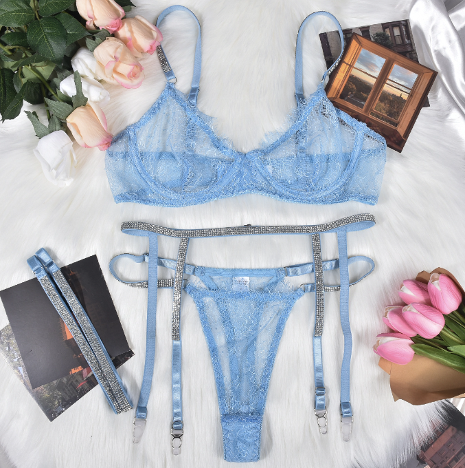 Sheer Lace Lingerie Set With Sparkling Garter Detail
