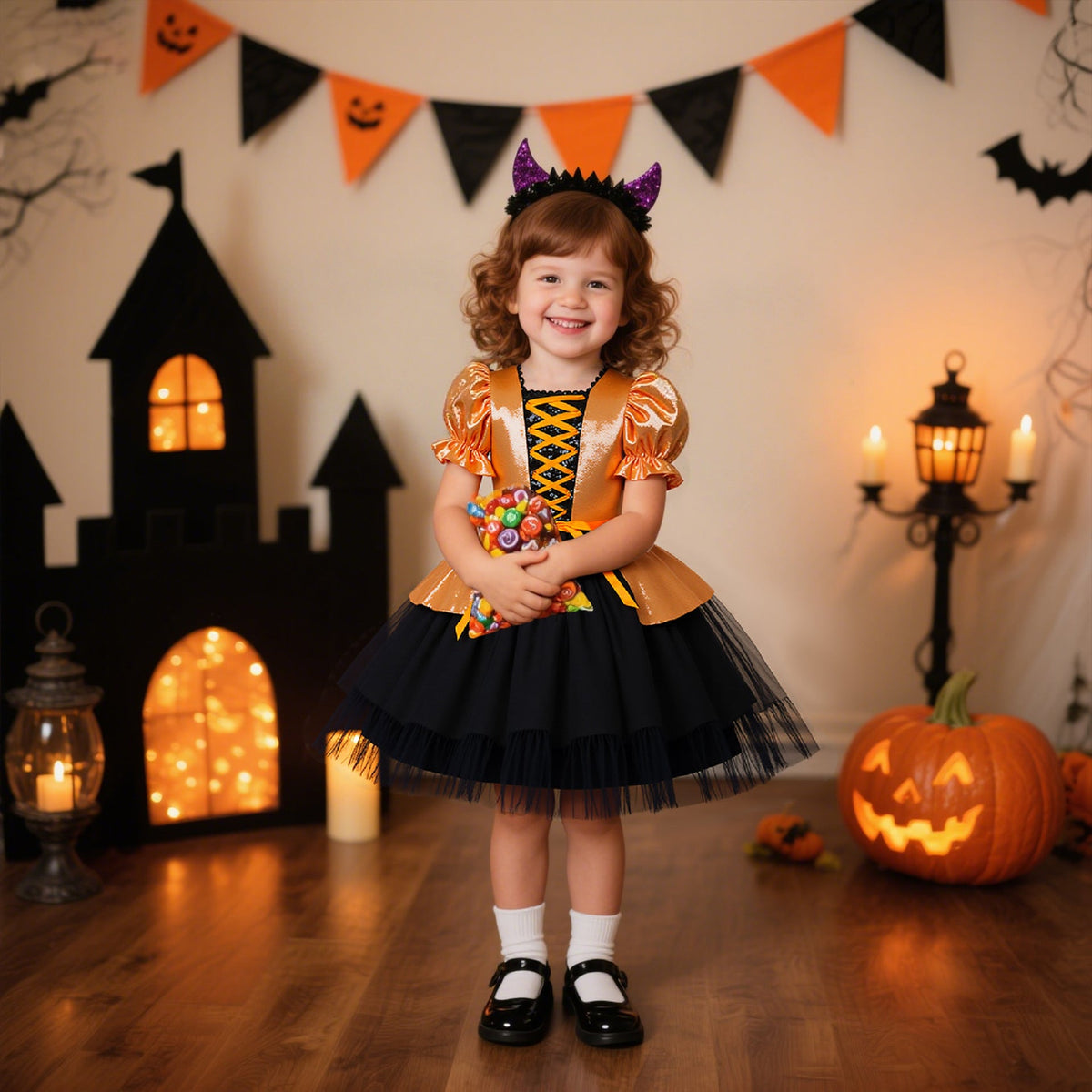 Girls Halloween Princess Dress – Orange Black Gown
