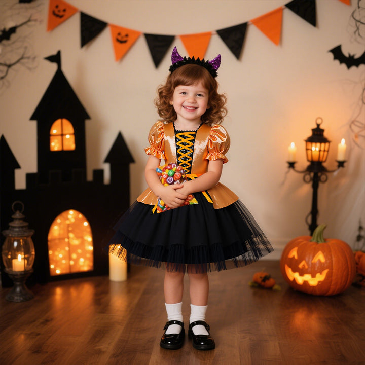 Girls Halloween Princess Dress – Orange Black Gown