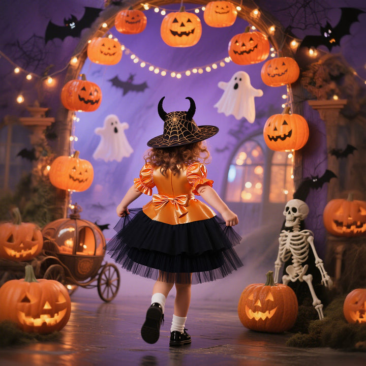 Girls Halloween Princess Dress – Orange Black Gown