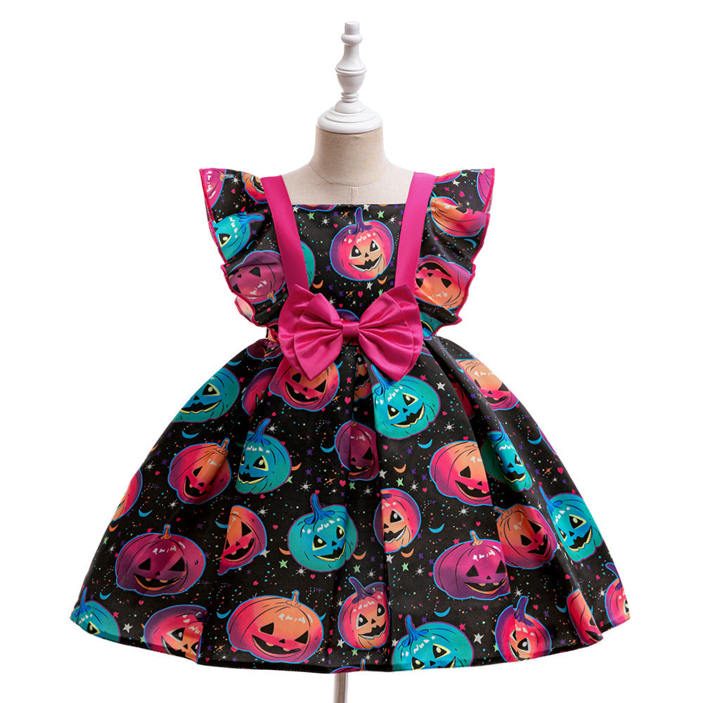 Girls’ Halloween Princess Satin Dress With Pumpkin Print