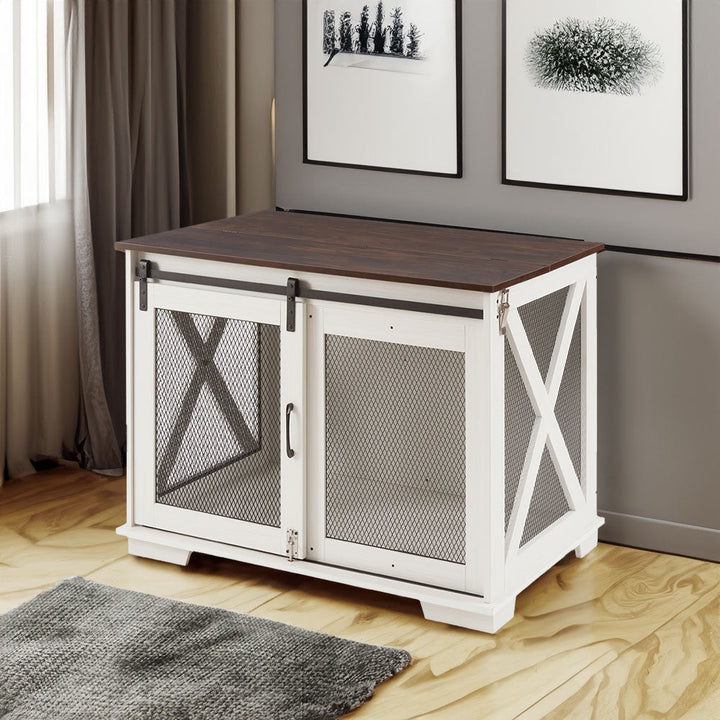 Farmhouse Dog Crate End Table with Sliding Barn Door