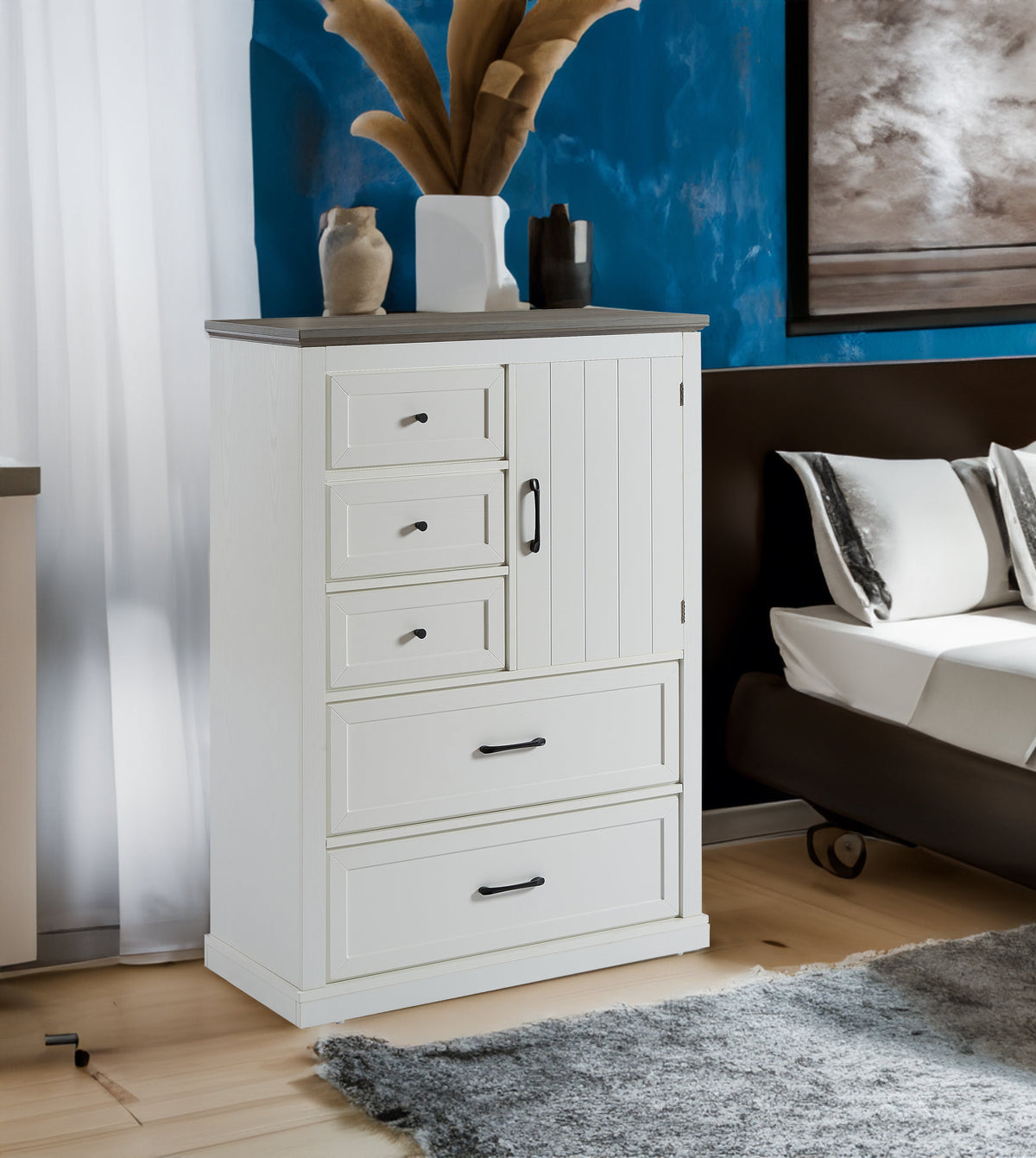 Farmhouse 5 Drawer Dresser with Cabinet Door for Bedroom