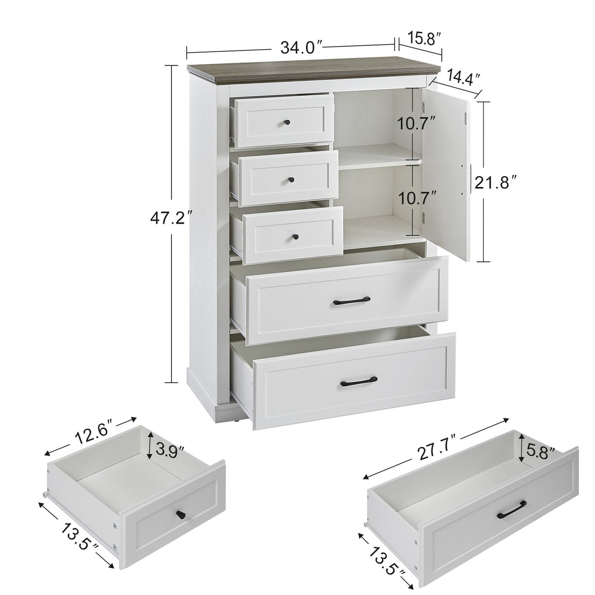 Farmhouse 5 Drawer Dresser with Cabinet Door for Bedroom