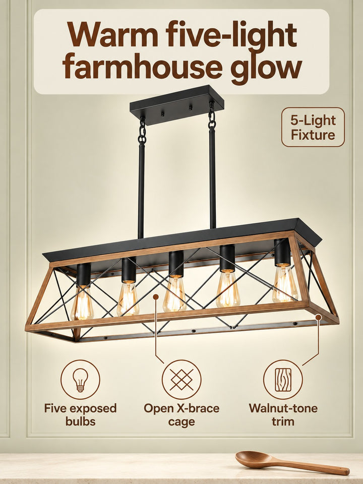 Farmhouse Chandelier 5-Light Walnut Dining Room Fixture