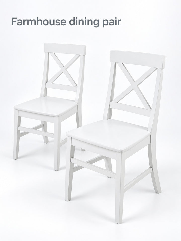 Farmhouse Dining Chairs, White Acacia Wood, Set of 2