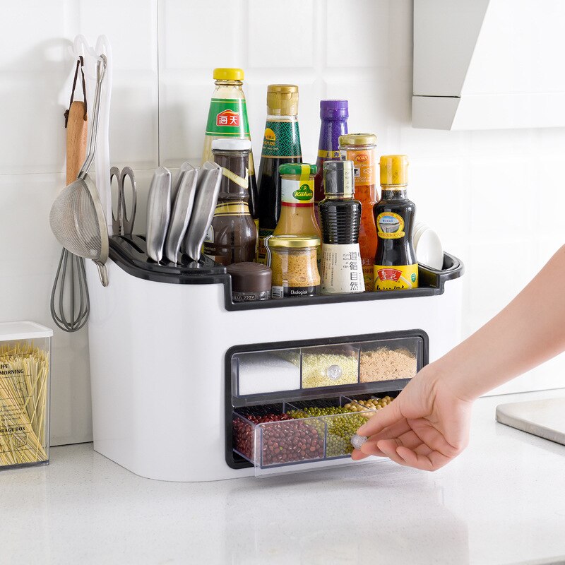 Kitchen Condiment Organizer with Knife & Spice Storage