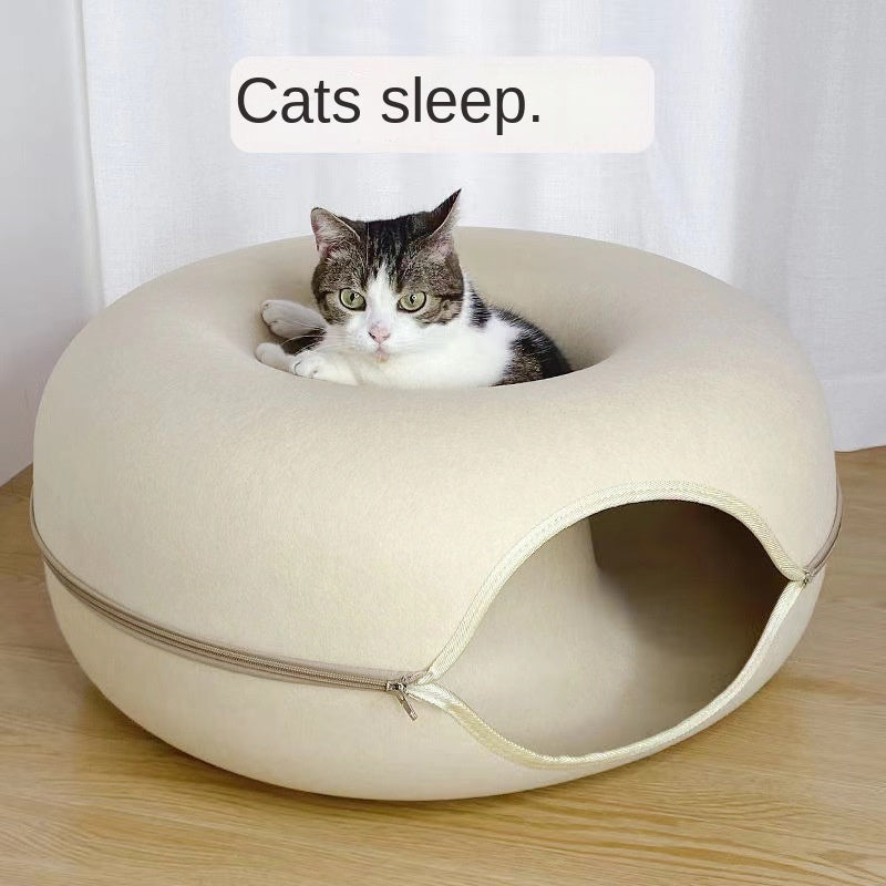 Felt Donut Cat Bed With Cozy Hideaway Tunnel Lounge