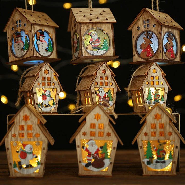 Wooden Christmas House Ornaments With Warm LED Glow