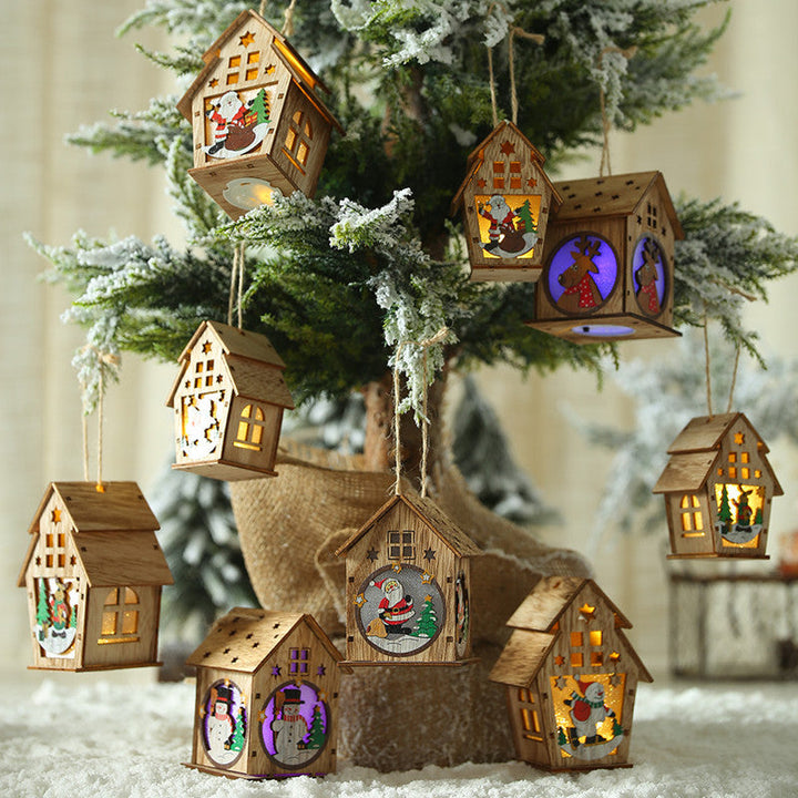 Wooden Christmas House Ornaments With Warm LED Glow