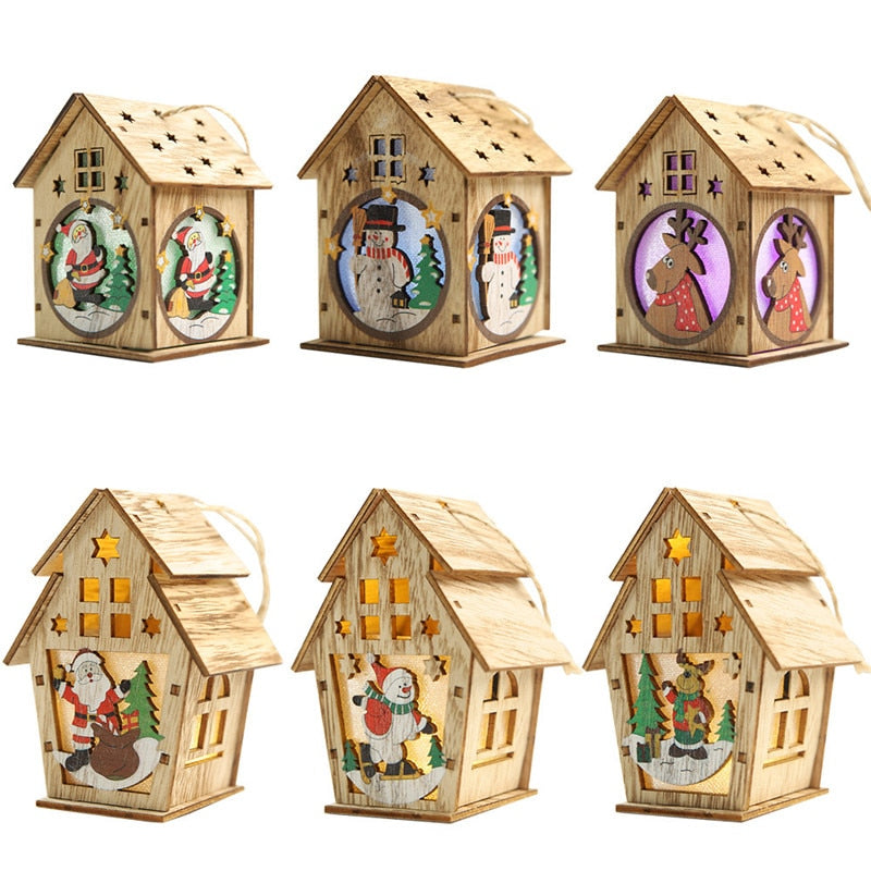 Wooden Christmas House Ornaments With Warm LED Glow