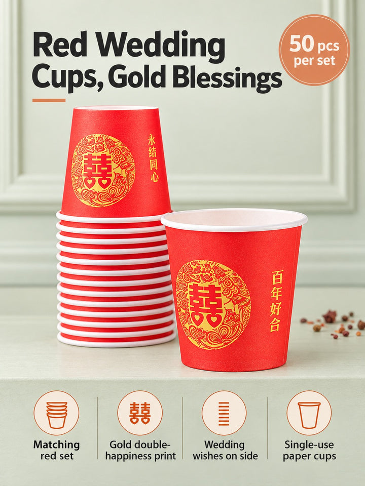 Festive Red Wedding Paper Cups, 50 Pack Gold Print