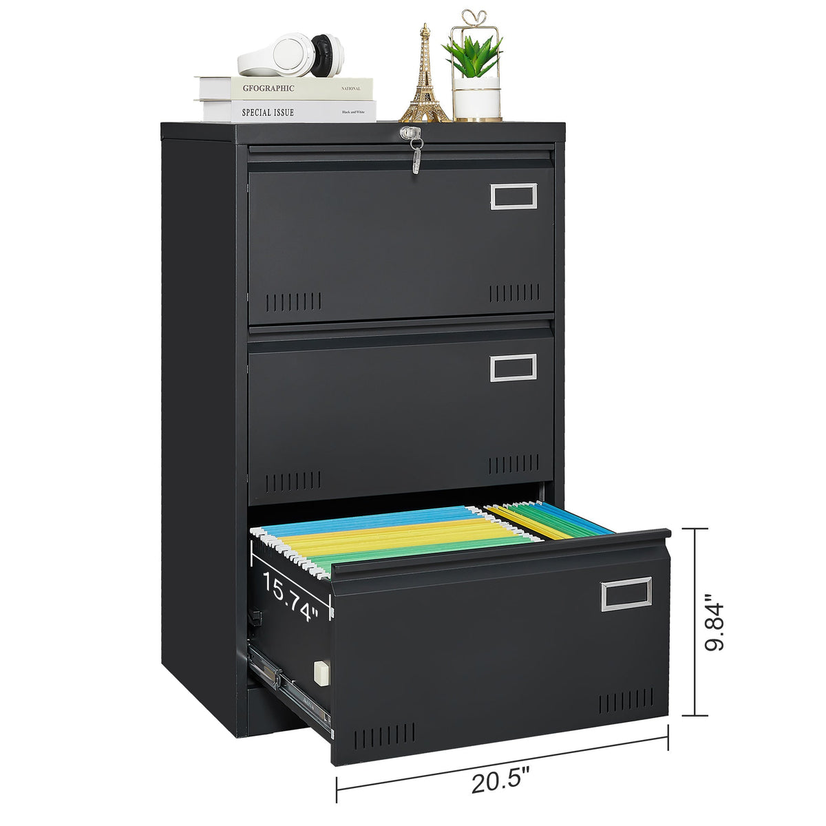 Lateral File Cabinet, 3 Drawer Locking Metal for Office