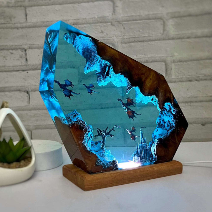3D Dragon Resin Lamp with Blue Fantasy Scene Lighting