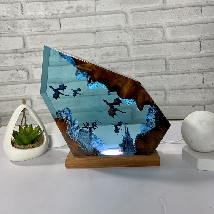 3D Dragon Resin Lamp with Blue Fantasy Scene Lighting