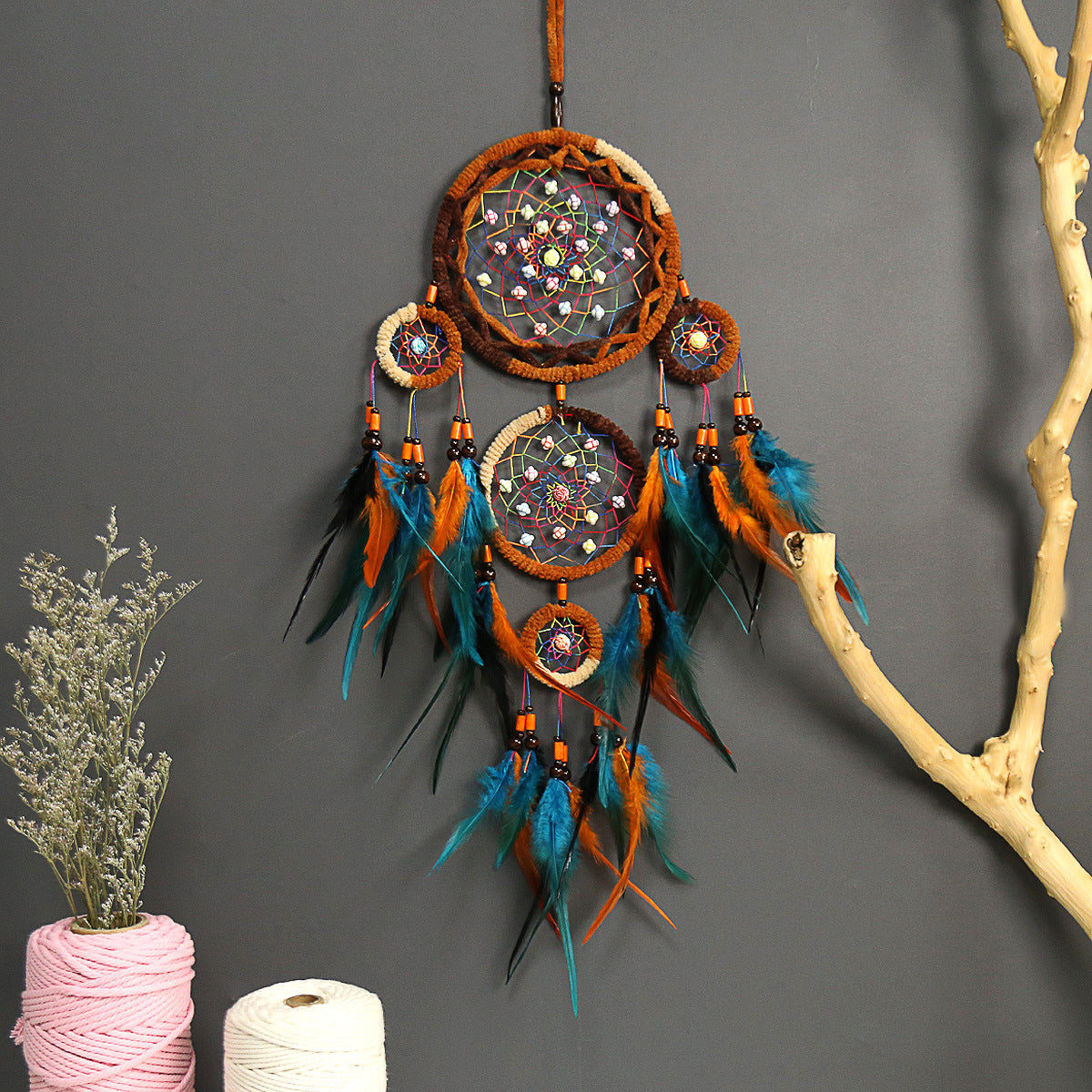 Five-Ring Dream Catcher Wall Decor for Boho Texture