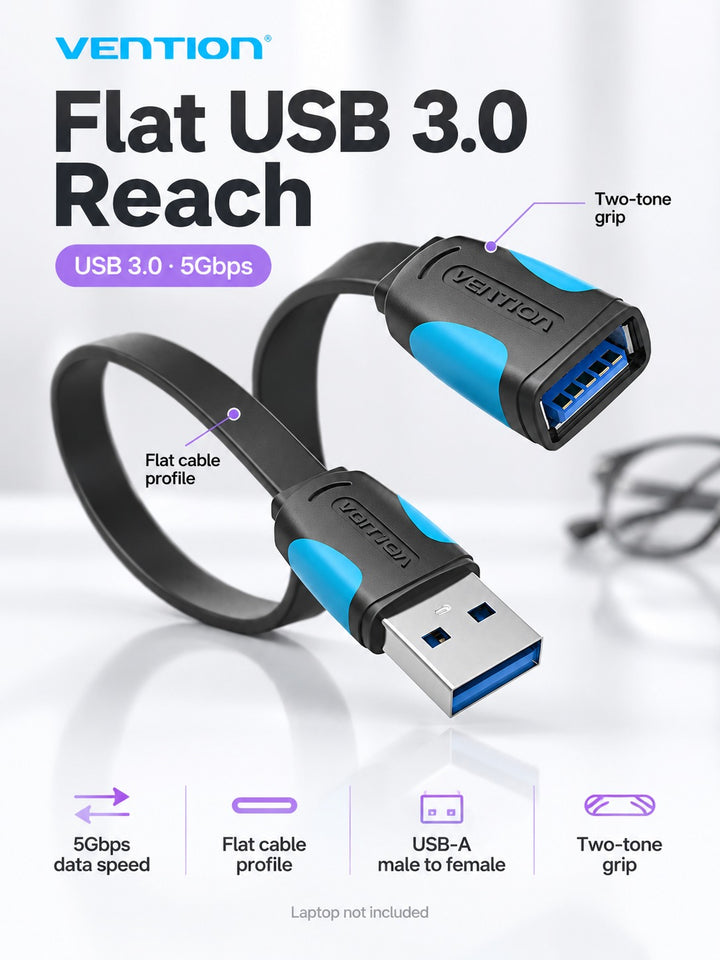 Flat USB 3.0 Extension Cable, 5Gbps Fast Data Transfer