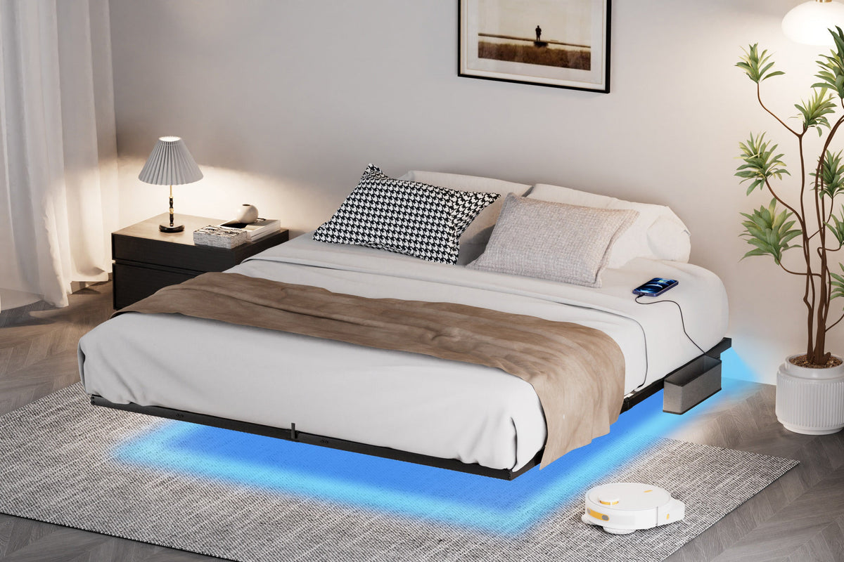 King Floating Bed Frame with LED Lights and Charging