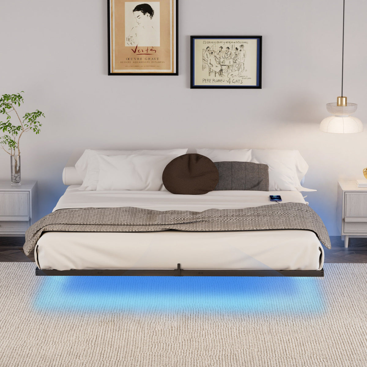 King Floating Bed Frame with LED Lights and Charging