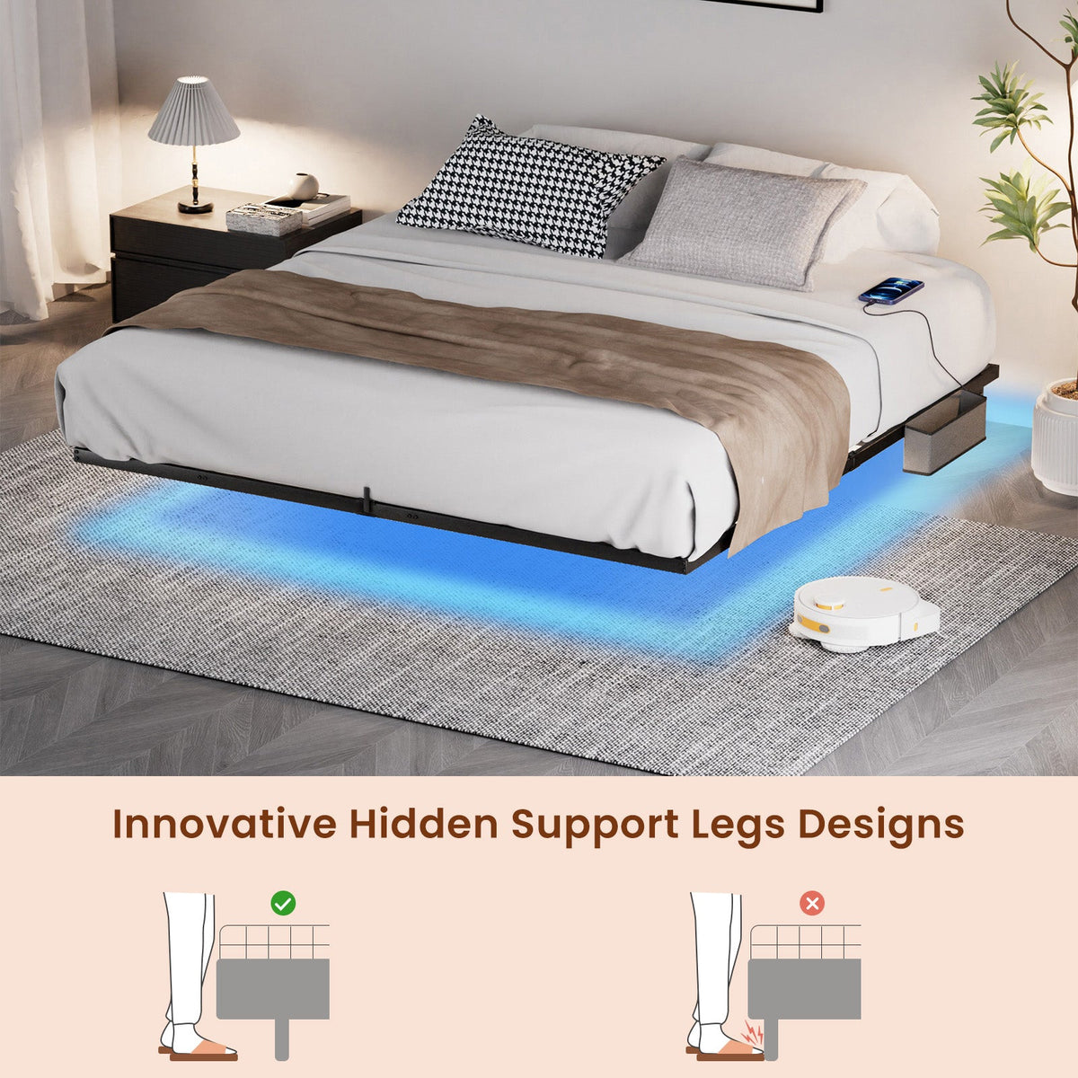 King Floating Bed Frame with LED Lights and Charging