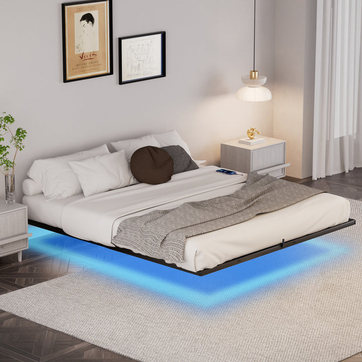 King Floating Bed Frame with LED Lights and Charging