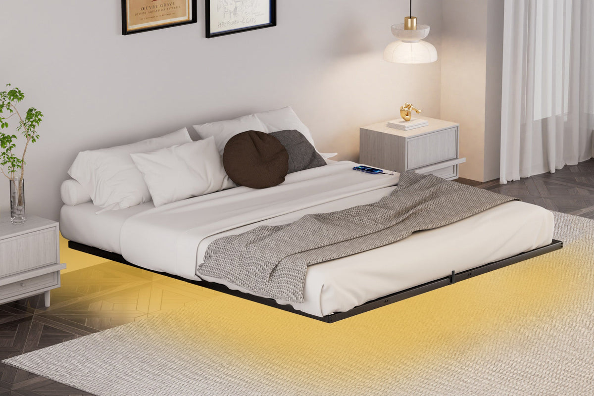 King Floating Bed Frame with LED Lights and Charging