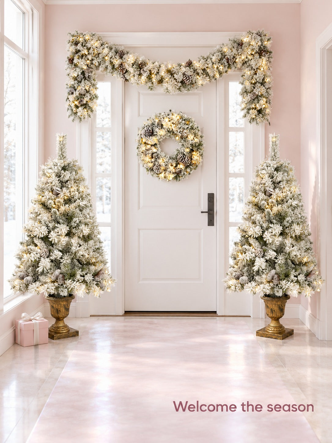 Flocked Christmas Tree Set with LED Lights, 4-Piece