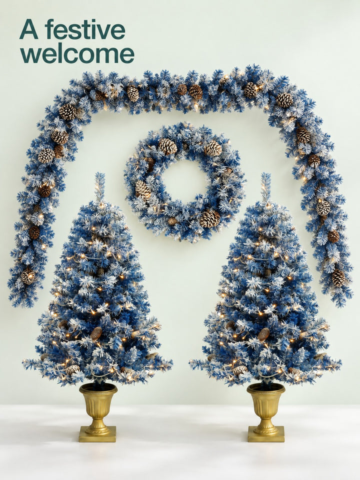 Flocked Christmas Trees with LED Lights, 4-Piece Porch Set