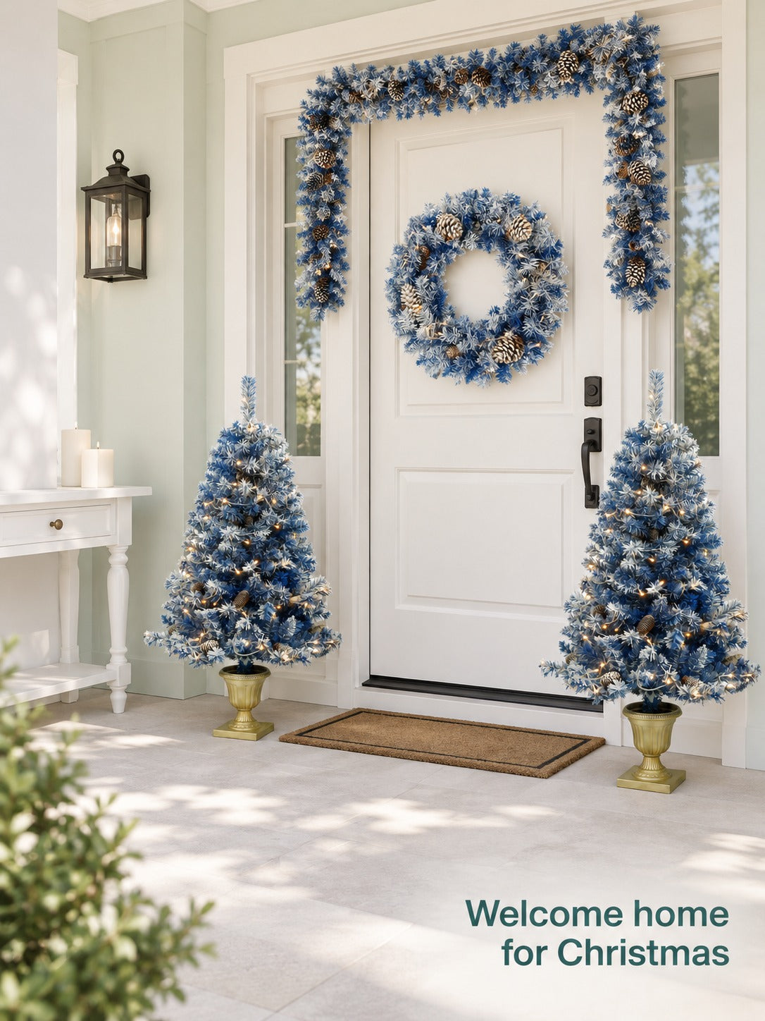 Flocked Christmas Trees with LED Lights, 4-Piece Porch Set