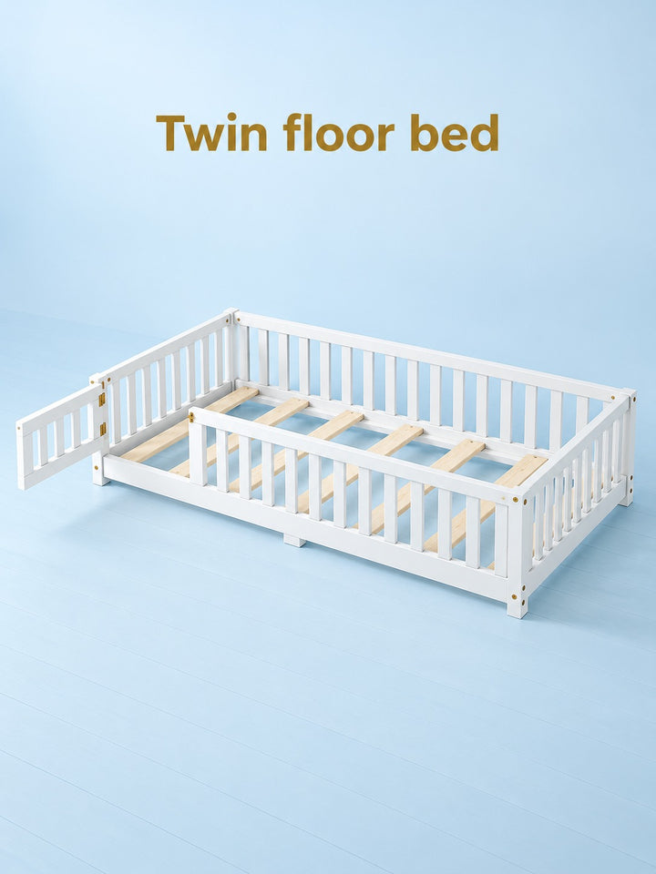Floor Twin Bed with Safety Guardrails & Door for Kids