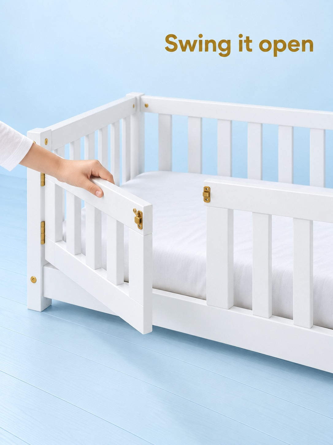 Floor Twin Bed with Safety Guardrails & Door for Kids
