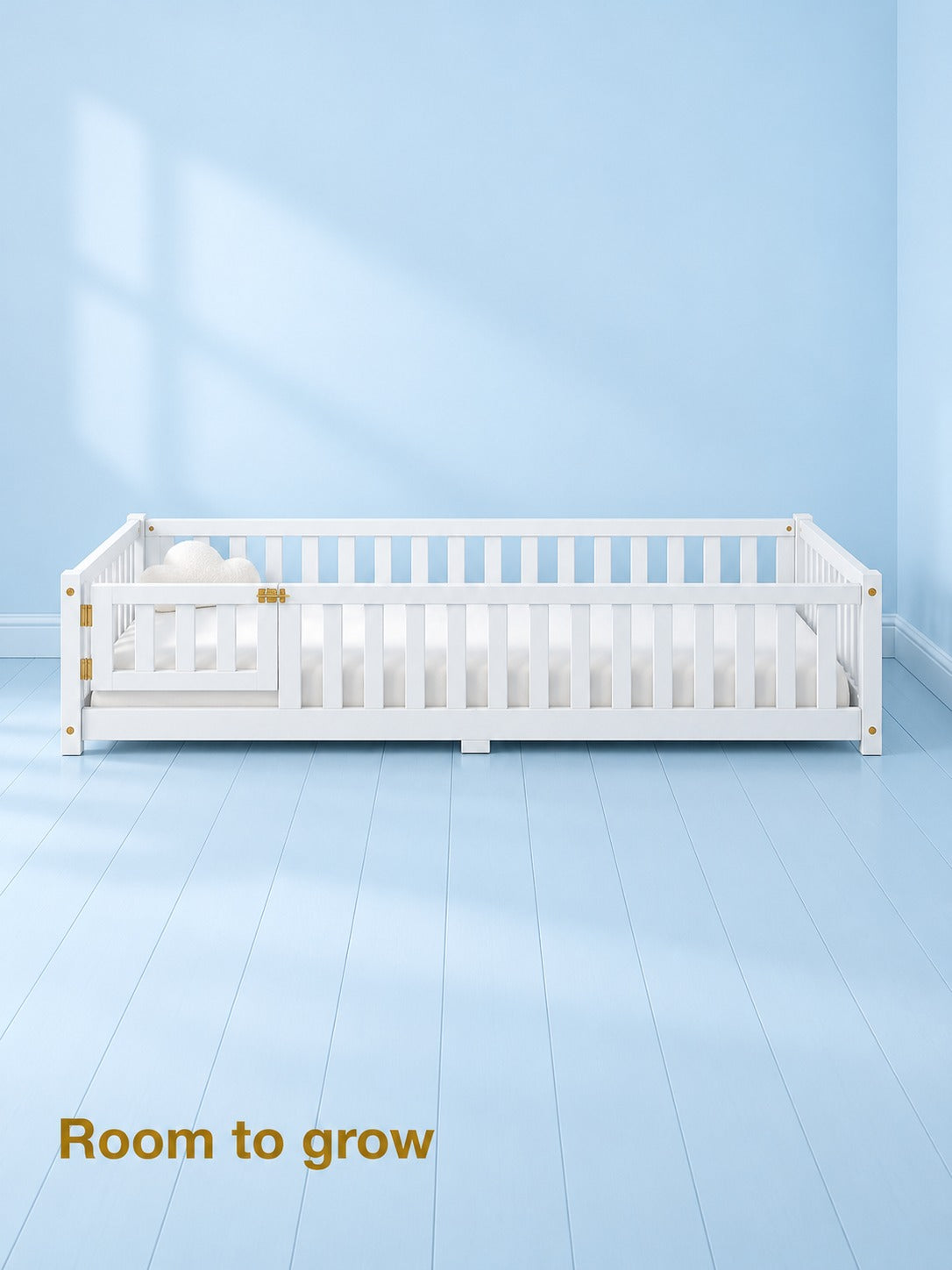 Floor Twin Bed with Safety Guardrails & Door for Kids