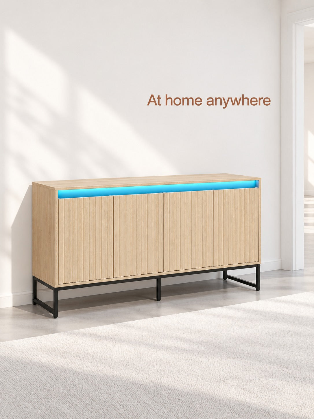 Fluted Wood-Look Sideboard with LED Light and Storage