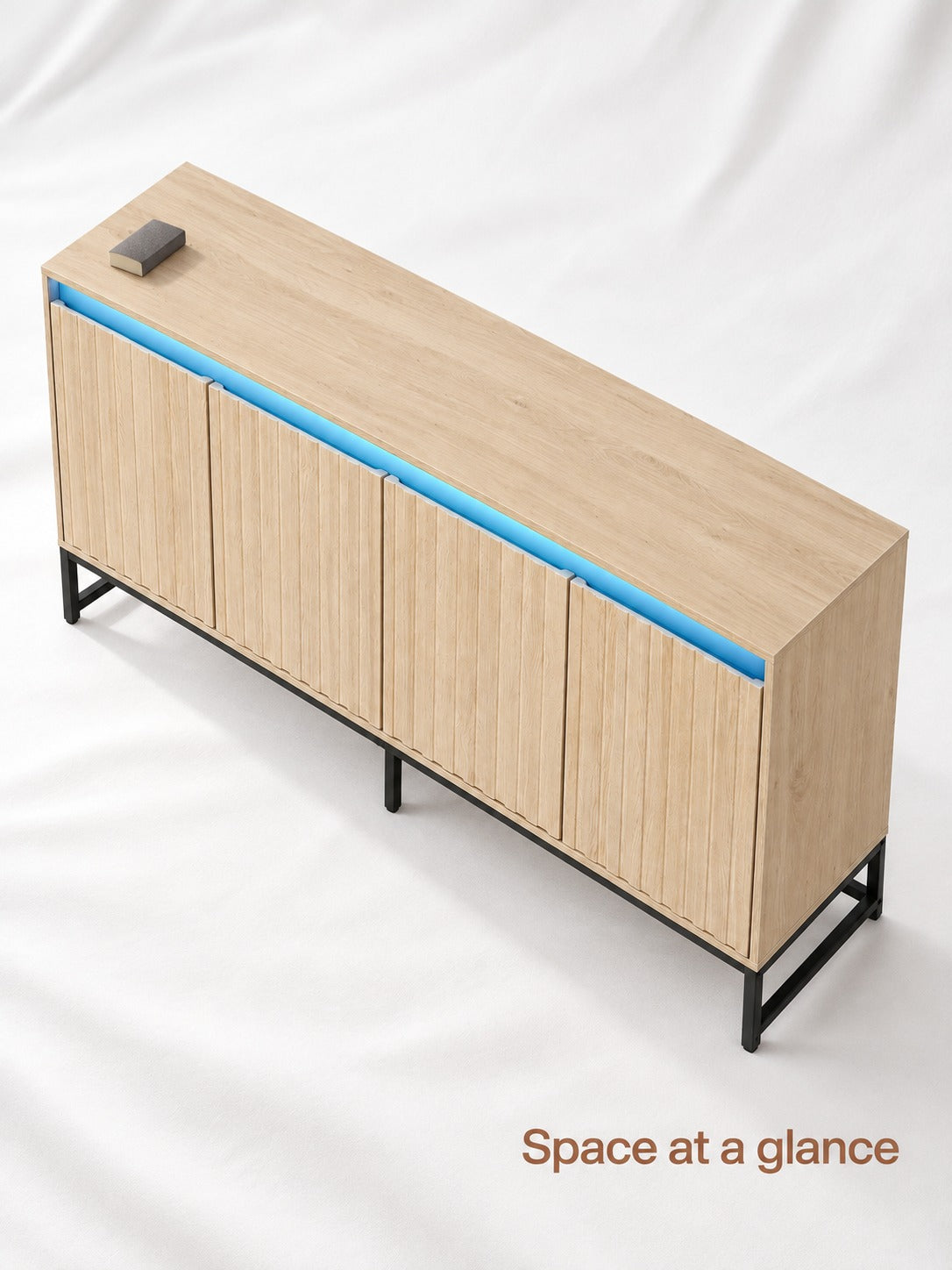 Fluted Wood-Look Sideboard with LED Light and Storage