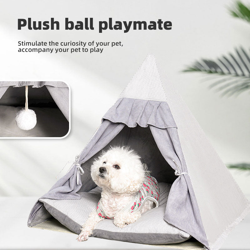 Foldable Pet Tent Bed With Built-In Plush Play Ball