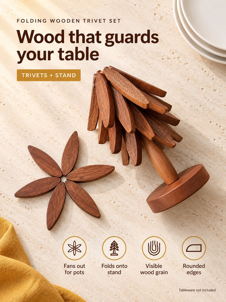 Folding Wooden Trivet Set with Tree Stand for Hot Pots
