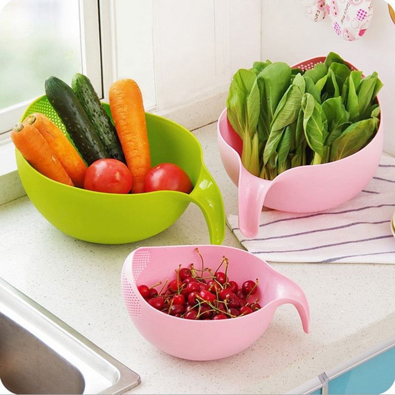 Rice Washing Bowl Strainer with Drain Mesh and Pour Handle