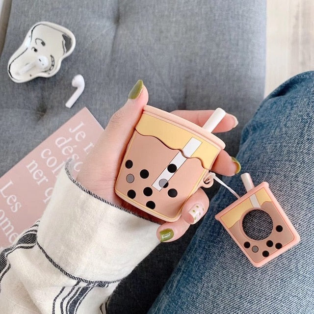 Cute Bubble Tea AirPods Case Silicone Cover with Strap